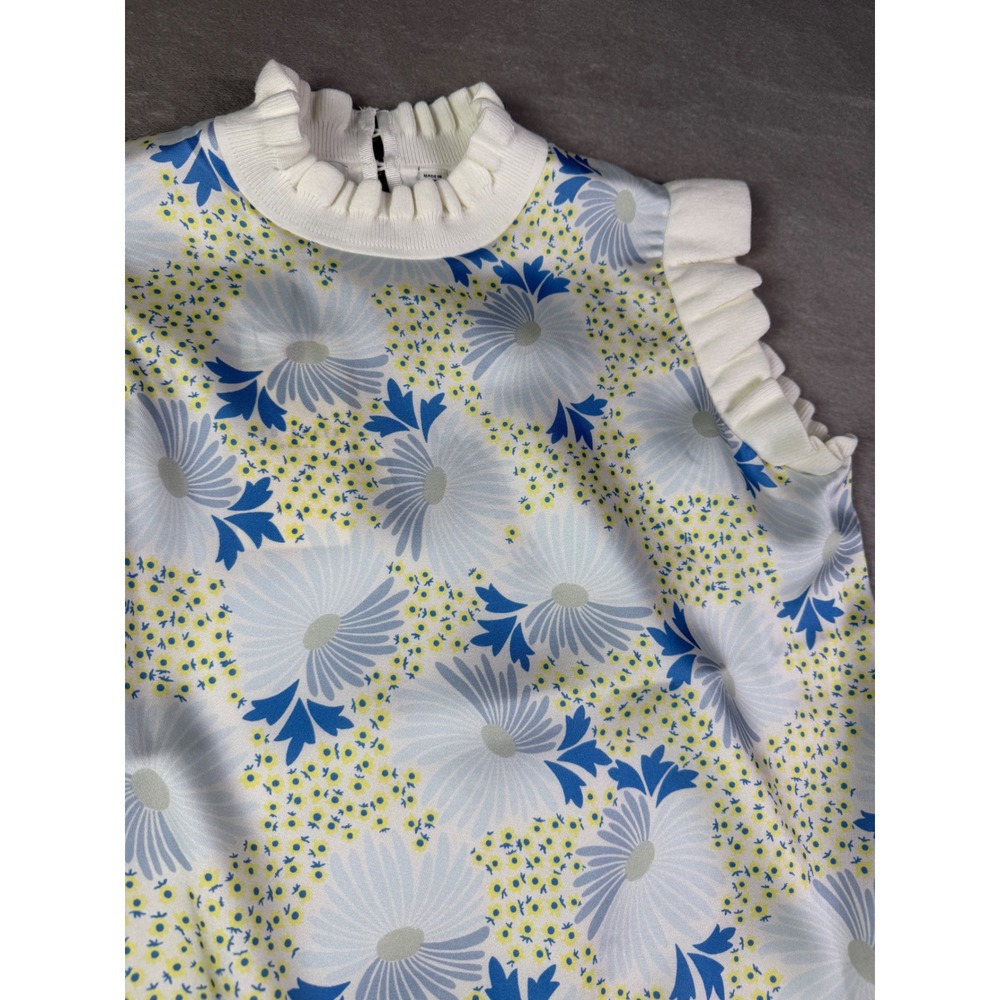 Ted Baker New Luseea Sky Blue Blouse Size 0 Small Woven Knit Top Floral Ruffle - Picture 8 of 12